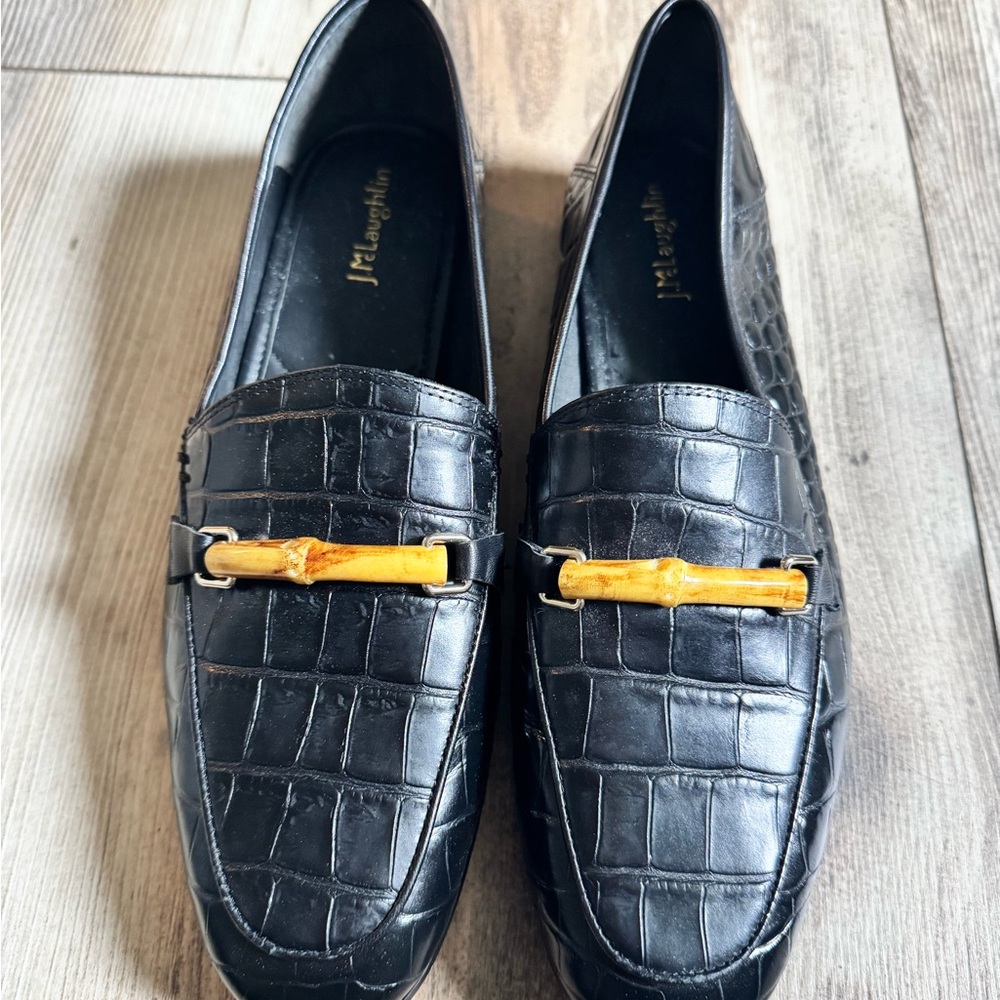 J. McLaughlin Black and Gold Slip-On Loafers with Embossed Leather